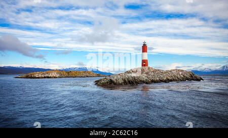 Leuchtturm Les Eclaireurs ist in der Nähe von Ushuaia in Feuerland in Argentinien. Stockfoto