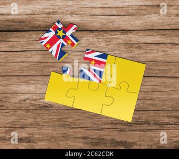 Niue Nationalflagge auf Puzzle. Ein Stück fehlt. Gefahrenkonzept. Stockfoto