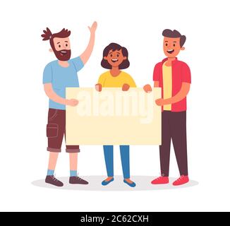 Junge Leute mit einem leeren Plakat für Text. Gruppe von drei lächelnden Menschen. Flache Cartoon-Illustration isoliert auf weißem Hintergrund. Stock Vektor