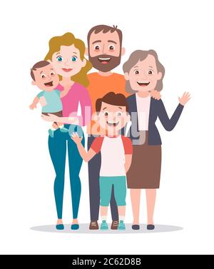 Familienportrait. Mutter, Vater, Großmutter und zwei Kinder. Porträt der Familie, die zusammen stehen. Vektorgrafik in Cartoon st Stock Vektor