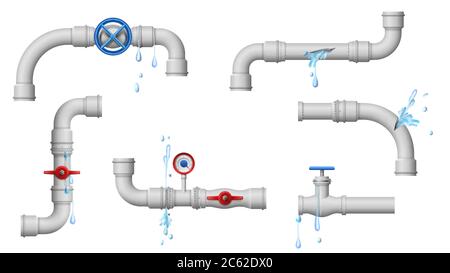 Beschädigte undichte Leitungen. Wasserrohr Lecks, zerbrochene Metallrohre und Leck von Rohren und Verbindungen Vektorgrafik Stock Vektor