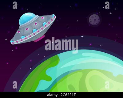 UFO-Vektor-Konzept. Raumschiff Reise, Science-Fiction in Nachthimmel Stock Vektor