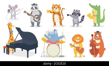 Cartoon animals with music instruments. Giraffe play piano, cute panda with banjo and alligator plays saxophone Stock Vektor