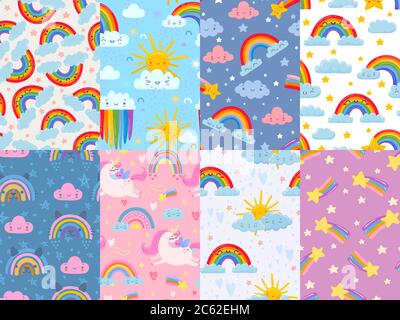 Nahtloses niedliches Regenbogenmuster. Himmel mit Regenbogen und Wolken, magisches Einhorn und Sterne. Glücklich lächelnd Wolke Cartoon Vektor Hintergründe Illustration Set Stock Vektor