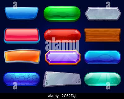 Spieltasten. Gaming-Optionen Panel, Menü-Interface-Frames und Spiel UI-Taste Cartoon Vektor Illustration Set Stock Vektor