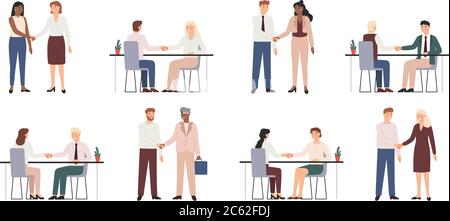 Geschäftspartner schütteln die Hände. Zusammenarbeit, Meetings und Vereinbarungen, Angebote. Mitarbeiterbeziehungen. Corporate Teamwork Vektor-Set Stock Vektor