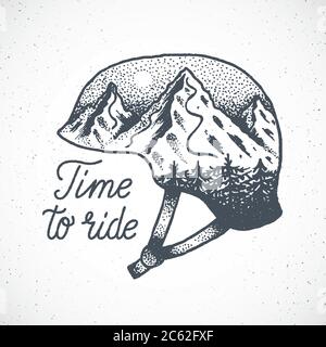 Zeit zu fahren Abstract Vector Hand Drawn Snowboard oder Ski-Helm mit Mountain Landscape in Dotwork Style. Stock Vektor