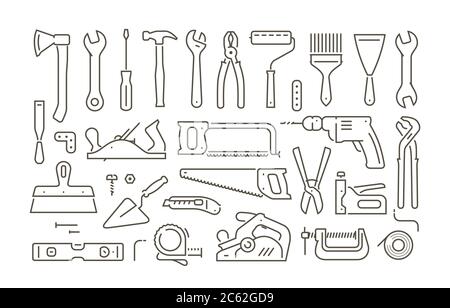 Werkzeuge Satz von Symbolen in linearer Form. Vektordarstellung reparieren Stock Vektor