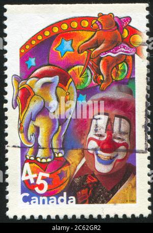 KANADA - UM 1998: Briefmarke gedruckt von Kanada, zeigt Zirkusclown, um 1998 Stockfoto
