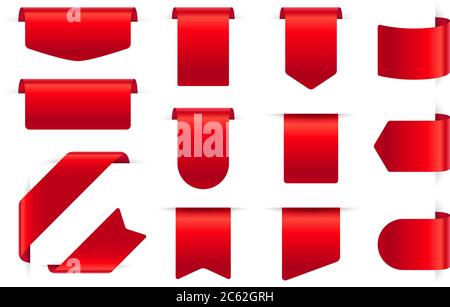 Rote Seidenetiketten. Leere Preisschilder für Rabatte, textile Lesezeichen. Web-Bänder Banner, Förderung Closeout Aufkleber, gebogene Band Vektor-Set Stock Vektor