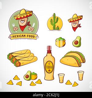 Mexikanische Lebensmittel Vektor Illustrationen Set mit Logo-Vorlage für Restaurant-Menü, Café, Mahlzeit Lieferung. Lächelnder Mann in traditionellem Sombrero, Tacos Stock Vektor