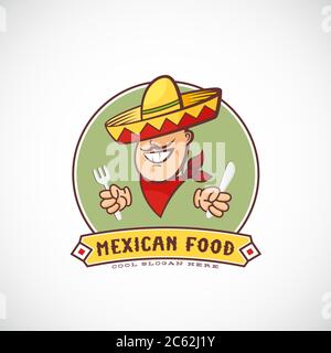 Mexikanische Lebensmittel Abstrakt Vektor-Zeichen oder Logo-Vorlage für Restaurants, Cafe, Mahlzeit Lieferung. Lächelnder Mann in traditionellem Sombrero, Bandana, hält Gabel Stock Vektor
