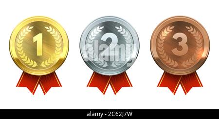 Gold-, Silber- und Bronzemedaillen. Realistische Metall runde Abzeichen mit rotem Band, Gewinner Preis, Sport-Wettbewerb Champion Trophäe Vektor-Set Stock Vektor