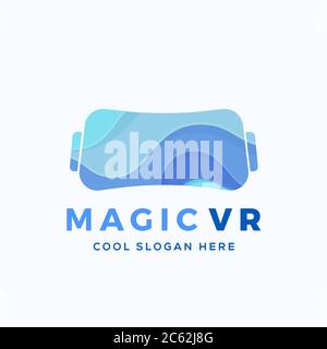 Magic Virtual Reality abstrakte Vektor Illustration, Symbol, Zeichen oder Logo Vorlage. Elektronische Brille Headset Silhouette mit blauen Wellen. Stock Vektor