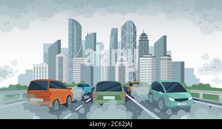 Luftverschmutzung durch Autos. Verschmutzte Luftumgebung in der Stadt, Fahrzeugverkehr und toxische Verschmutzung. Auto mit Kohlendioxid Wolken, Vektor-Konzept Stock Vektor