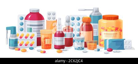 Cartoon Medikamente Medikamente, Tablettenkapseln und verschreibungspflichtige Flaschen. Blister und Schmerzmittel Medikamentenvektor Apotheke Medikamentenkonzept Stock Vektor