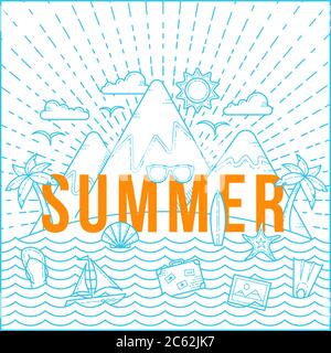 Linie Stil flache Vektor Sommer-Karte oder Hintergrund-Vorlage mit Insel, Ozean, Berge, Palmen und Reise-Symbole. Stock Vektor