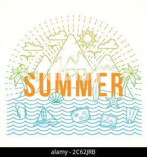 Linie Stil flache Vektor Farbe Sommer Illustration mit Insel, Ozean, Berge, Palmen, Shell, Yacht und Reise-Ikonen. Stock Vektor