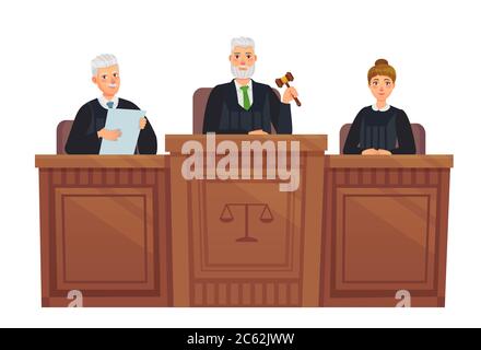 Oberster Gerichtshof Tribüne. Richter in der Sitzung, Richter mit Hammer und Gerechtigkeit Cartoon Vektor Illustration Stock Vektor