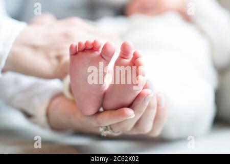 Nahaufnahme von Babyfüßen, die von der Hand der Mutter gehalten werden Stockfoto