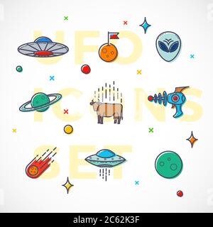 Umrissstil Vektor UFO oder Alien Symbole gesetzt. Premium Space Symbole und Zeichen. Helle Farben. Stock Vektor