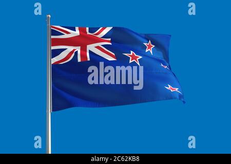 Die neuseeländische Nationalflagge winkt im Wind an einem tiefblauen Himmel. Hochwertige Qualität. Konzept der internationalen Beziehungen. Stockfoto