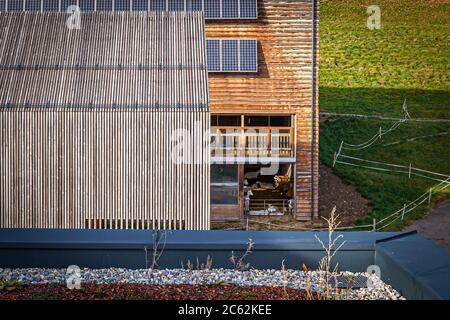 Solarpaneele bedecken das Dach des modernen Gebäudes bei Metzler Naturhautnah in Egg, Vorarlberg, Österreich. Im Ziegenstall darunter sorgt Hightech-Kühl- und Heiztechnik für die richtige Temperatur, und die Molke der Tiere liefert den Rohstoff für die Hautpflegeprodukte des Unternehmens. Stockfoto