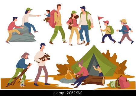 Camping-Leute, Kinder und Eltern verbringen Zeit zusammen Stock Vektor