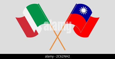 Gekreuzte und winkende Flaggen von Taiwan und Italien. Vektorgrafik Stock Vektor