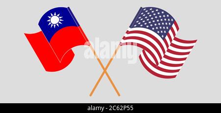 Gekreuzte und winkende Flaggen von Taiwan und den USA. Vektorgrafik Stock Vektor