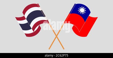 Gekreuzte und winkende Flaggen von Taiwan und Thailand. Vektorgrafik Stock Vektor