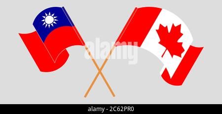 Gekreuzte und winkende Flaggen von Taiwan und Kanada. Vektorgrafik Stock Vektor