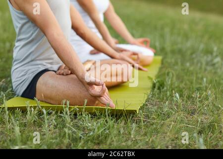 Yoga in der Natur. Nahaufnahme die Hände der Yogis Mann und Frau meditieren im Sommerpark. Stockfoto