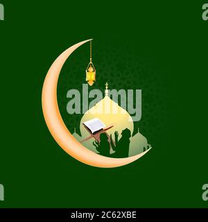 Eid Mubarak als Text Kalligraphie und Mond, koran und Laterne ein Fest weit über Welt Vektor abstrakten Rahmen Design gefeiert, hajj, eid al adha Stock Vektor