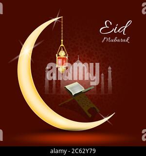 Eid Mubarak als Text Kalligraphie und Mond, koran und Laterne ein Fest weit über Welt Vektor abstrakten Rahmen Design gefeiert, hajj, eid al adha Stock Vektor