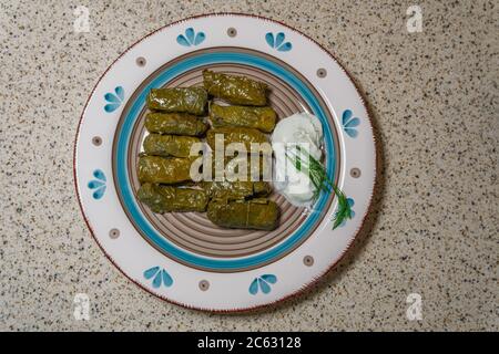 Traubenblätter gefüllt mit Aufstieg Nahaufnahme Draufsicht. Frische Traubenblätter, in Griechenland Dolmadakia genannt, serviert in einem Gericht mit Tsatziki-Sauce. Stockfoto