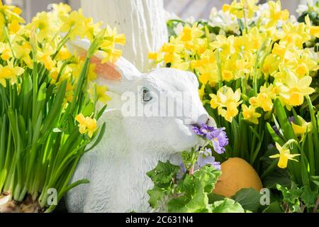 Weißes Gipskaninchen in Narzissenblumen, Garten- und Straßendekoration Stockfoto