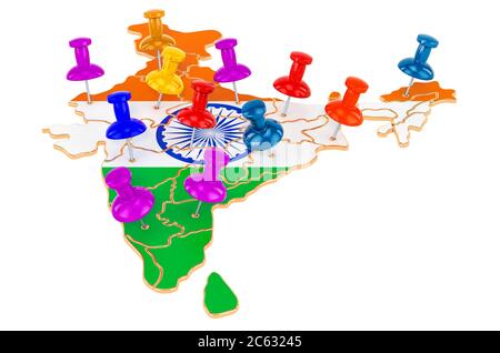 Karte von Indien mit farbigen Stecknadeln, 3D-Rendering isoliert auf weißem Hintergrund Stockfoto