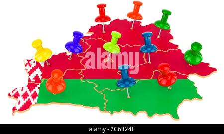 Karte von Weißrussland mit farbigen Stecknadeln, 3D-Rendering isoliert auf weißem Hintergrund Stockfoto