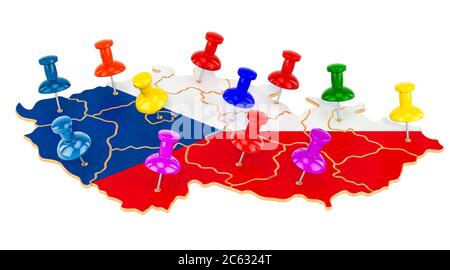 Karte von Tschechien mit farbigen Stecknadeln, 3D-Rendering isoliert auf weißem Hintergrund Stockfoto
