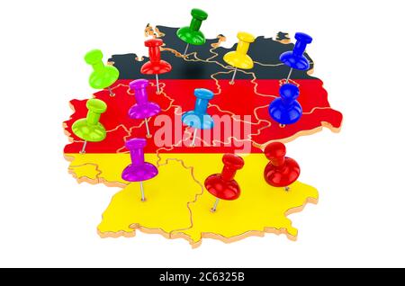 Karte von Deutschland mit farbigen Stecknadeln, 3D-Rendering isoliert auf weißem Hintergrund Stockfoto