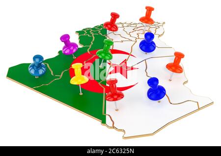 Karte von Algerien mit farbigen Stecknadeln, 3D-Rendering isoliert auf weißem Hintergrund Stockfoto