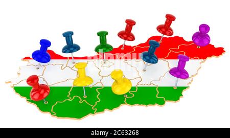 Karte von Ungarn mit farbigen Stecknadeln, 3D-Rendering isoliert auf weißem Hintergrund Stockfoto