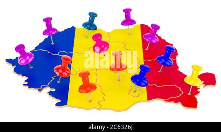 Karte von Rumänien mit farbigen Stecknadeln, 3D-Rendering isoliert auf weißem Hintergrund Stockfoto