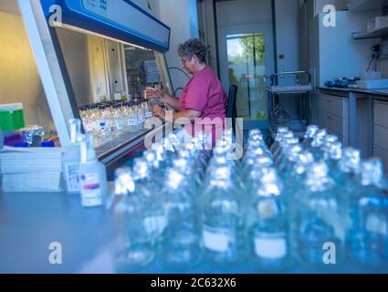 Riems, Deutschland. Juli 2020. Laborgebäude mit hoher Sicherheitsstufe des Friedrich-Loeffler-Instituts auf der Insel Riems. Die Bundesforschungsanstalt für Tiergesundheit hat die Aufgabe, einerseits die Gesundheit von lebensmittelproduzierenden Tieren zu erhalten und andererseits den Menschen vor Zoonosen zu schützen. Das derzeit drängendste Forschungsprojekt sind Tierversuche zur Erforschung des neuartigen Coronavirus. Quelle: Jens Büttner/dpa-Zentralbild/ZB/dpa/Alamy Live News Stockfoto