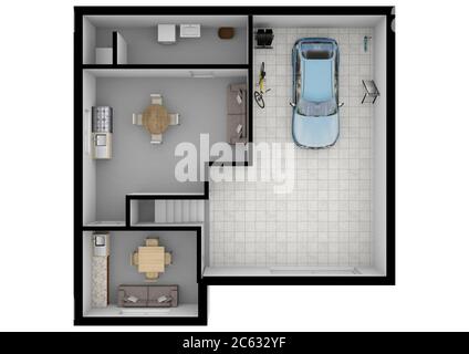 Haus mit Innen-, Grundriss, Blaupausen und farbigen Wänden auf weißem Hintergrund. 3d-Illustration. Stockfoto