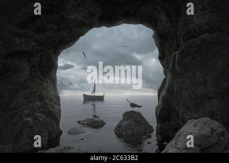 3d-Rendering von Klippenhöhle mit dem Blick auf dramatischen Himmel und verlassene Holzboot Stockfoto