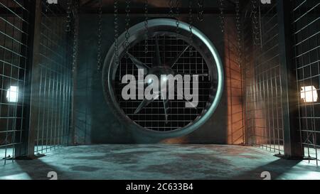 3d-Rendering von abstrakten Industriehallen mit Lüftungssystem und Hängeketten Stockfoto