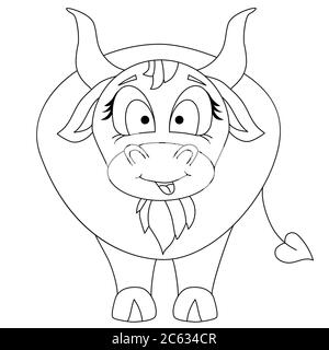 Cute Bull Chinese New Year 2021 Jahr des Bullen. Ein Haustier ist ein Stier mit einer Zunge, die heraussteht. Vektorzeichnung mit schwarzer Kontur. Sie können dekorieren. Der Stock Vektor