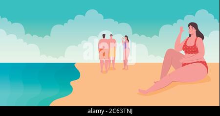 Menschen in Badeanzug, Männer mit Frauen am Strand, Sommerferiensaison Stock Vektor